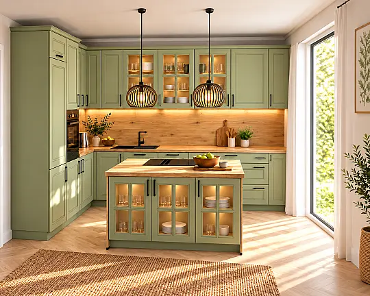 Nolte Küche WINDSOR – Landhaus mit Insel in Echtlack Matt Avacado - W20 WINDSOR LACK L19 Avacado softmatt