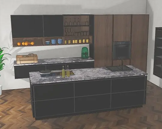 Küchenzeile mit Insel + Sideboard Systemat AV2135-GL Schwarz UV Mattlack  HK1335 - Küchenzeile mit Insel + Sideboard Systemat AV2135-GL Schwarz UV Mattlack  HK1335