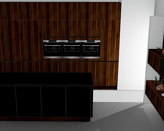 AV6082-Nussbaum -elegant/ AV2135-schwarz matt - Küchenzeilen mit Insel & Wohnelement HK1053