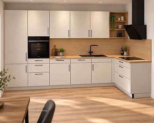 Zeitlos schön – Moderne Häcker Küche in Sandgrau mit natürlichen Eiche-Akzenten - Häcker concept130 UNO – Sandgrau / Feineiche natur