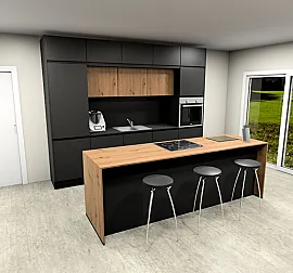 Moderne, grifflose Küche in verschiedenen Farbkombinationen inklusive Elektrogeräte und Zubehör