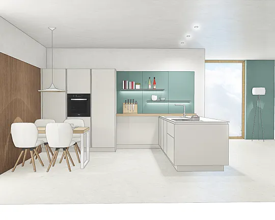 in Mattlack kaschmir, Arbeitsplatte Kompaktmaterial 1cm, Geräte Bora und Miele - Bondi Contino