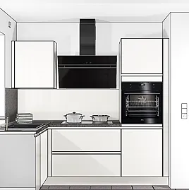 Moderne grifflose Nobilia Küche in magnolia Hochglanz mit Theke und Kühlschranküberbau