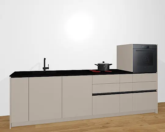 Greigenblack - Küchenzeile mit integrierter Griffmulde und wertvollen Eiche-Massivholzauszügen - S187 | Die Manufaktur