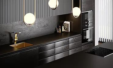 Goldene Küchenspüle und Wasserhahn von Teka in schwarzer Küche