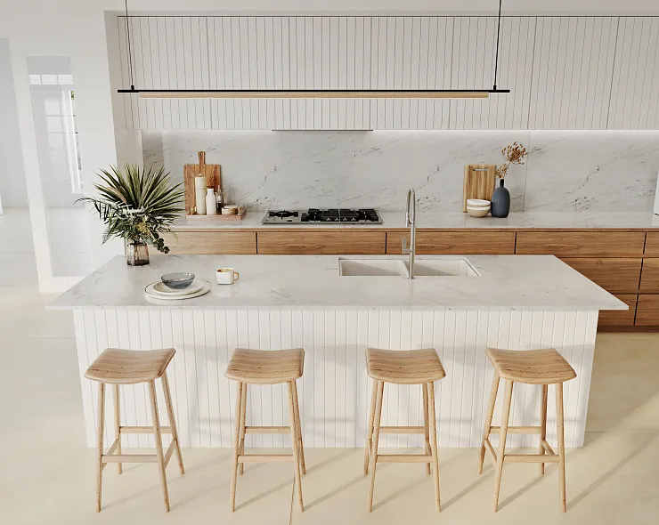 Küche mit Arbeitsplatte aus hellem Kunststein