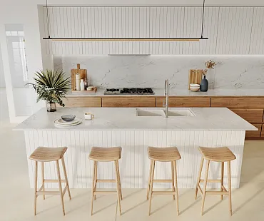 Küche mit Arbeitsplatte aus hellem Kunststein