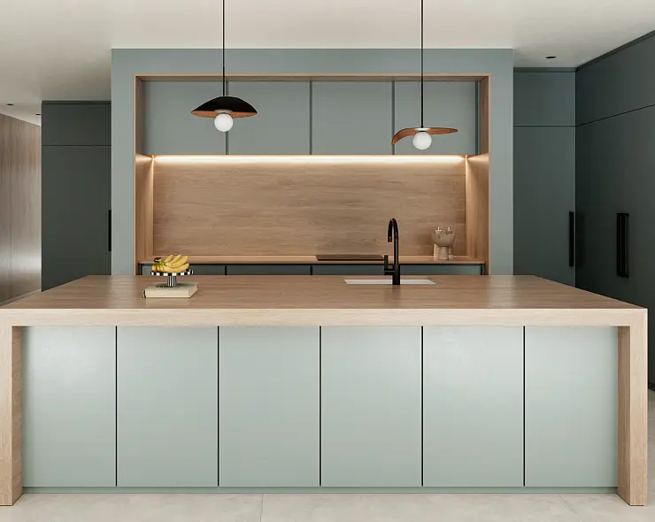 Warme Eichenoptik trifft Graugrün: Arbeitsplatte, Wangen und Rückwand in Dekton Kedar